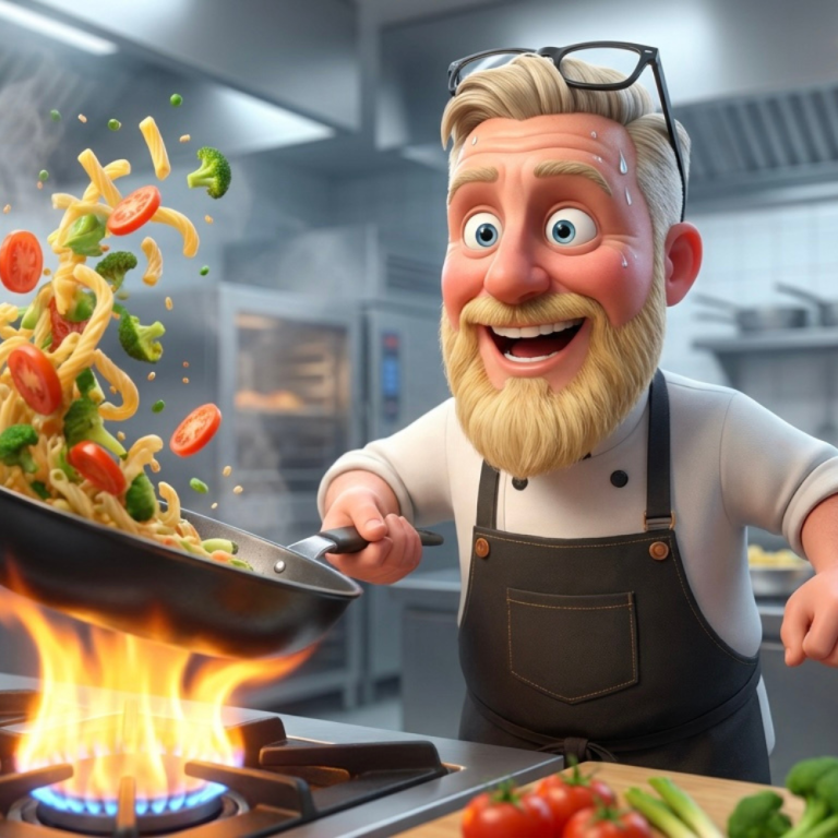 A cartoon of Darren from Cliff Edge Café A cartoon of a chef in a busy kitchen tossing vegetables in a frying pan over a gas flame.